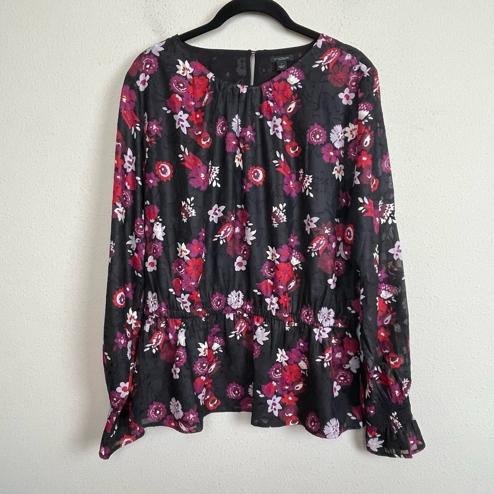 NWT Ann Taylor Blouse Sz L Black Red Floral Button Peplum‎ Long Sleeve Top
